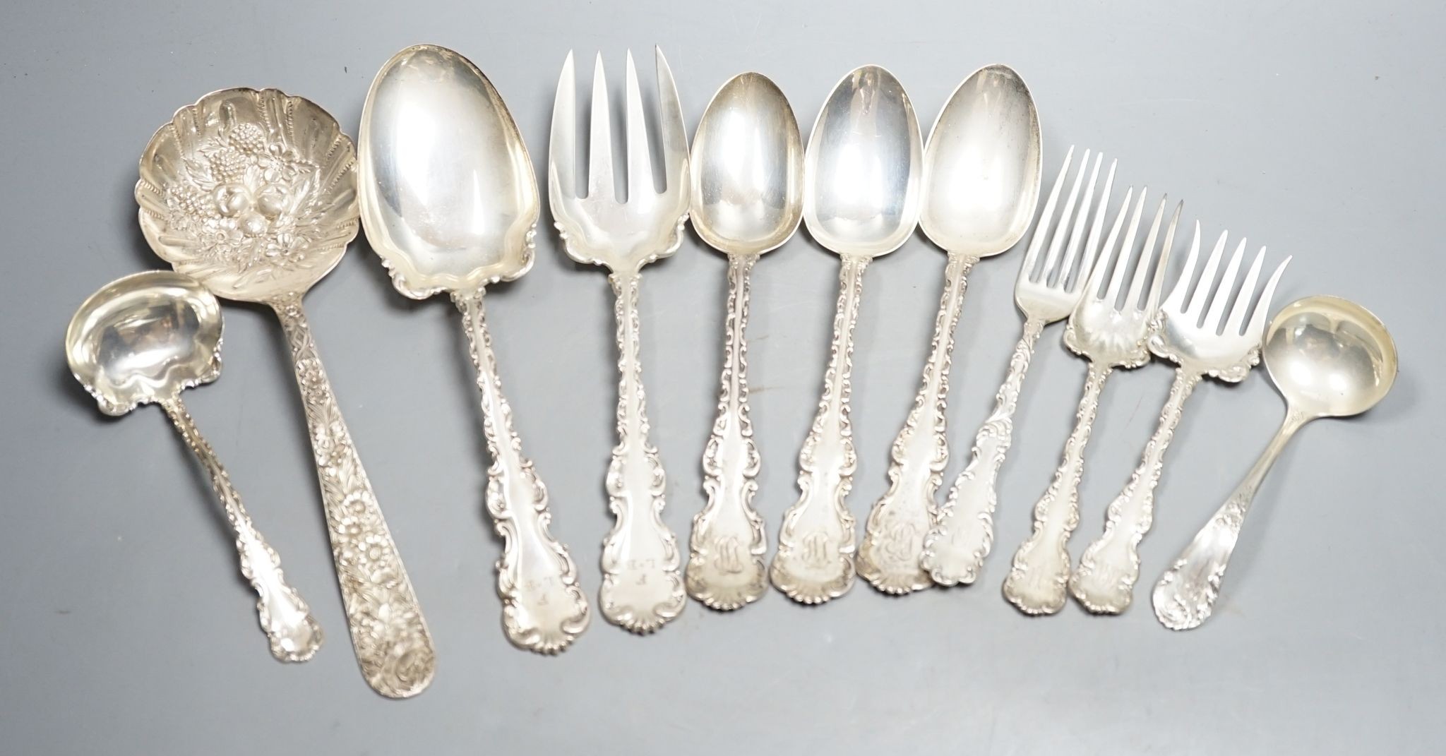 A small group of ornate American sterling flatware, 20.5oz.